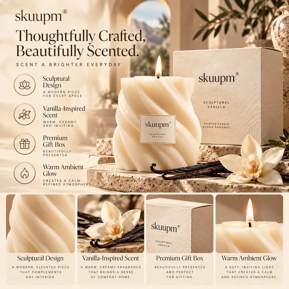 skuupm® Sculptural Vanilla Scented Candle – Warm Scent, Artistic Elegance
