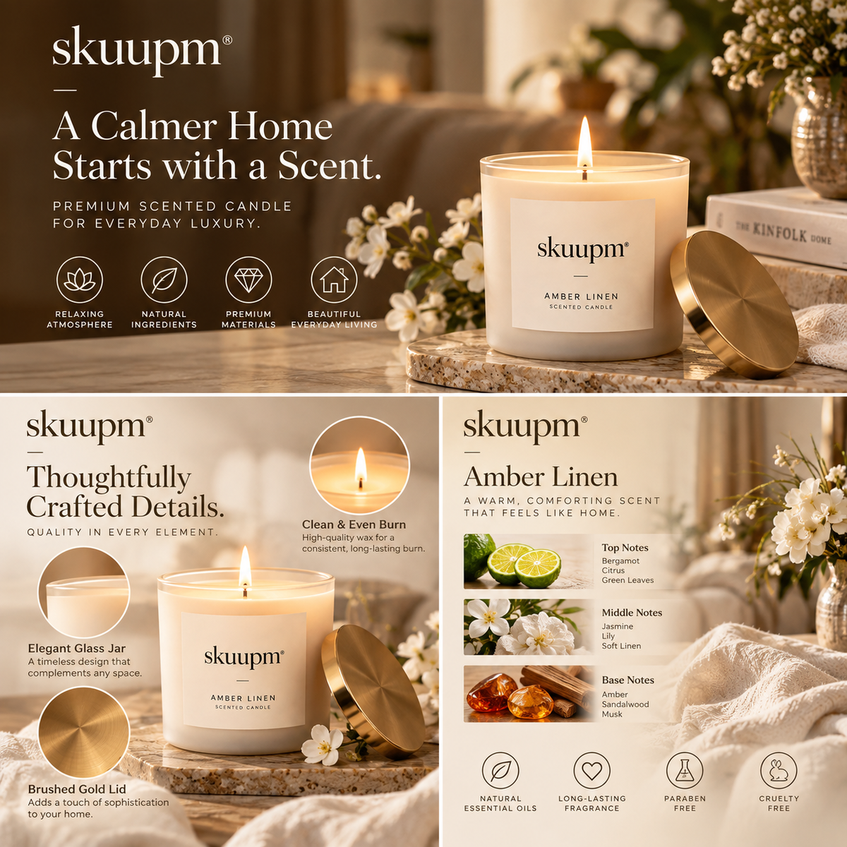 skuupm® Amber Linen Scented Candle – Warm Fragrance, Everyday Elegance